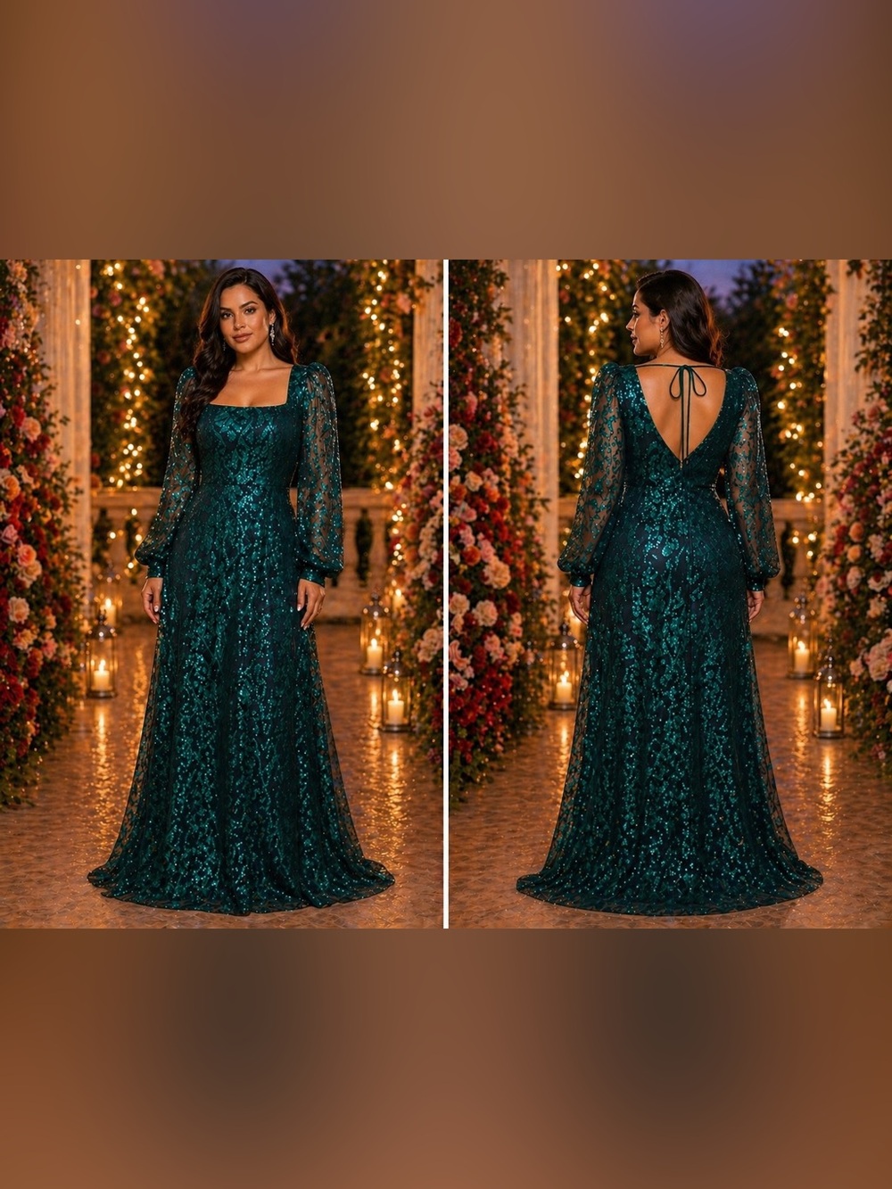 Long-Sleeve Emerald Green Sequin Mesh Evening Dress